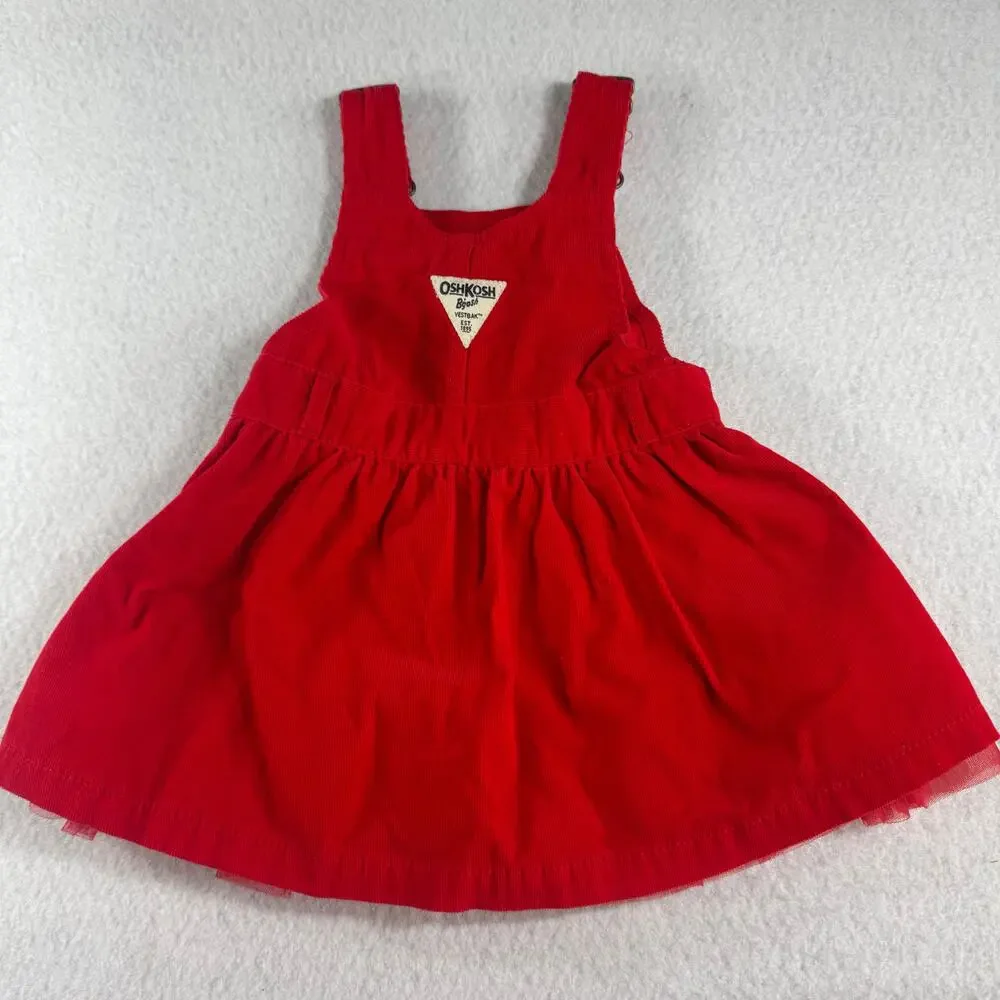 OshKosh B'Gosh 18M Corduroy Dress Red Ruffles Flower Rew White Blue